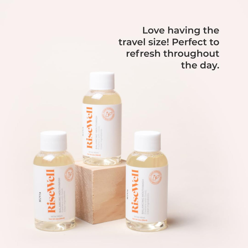 Compact travel-size bottle shown beside travel essentials