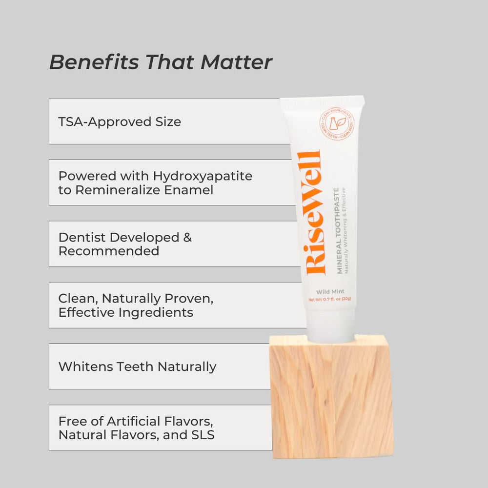 Packaging of RiseWell Travel Mineral Toothpaste in Wild Mint showing TSA-friendly size