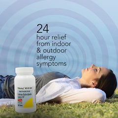 Rising Cetirizine 10mg tablets closeup highlights easy-to-swallow tablets for quick relief.
