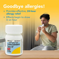 Rising Cetirizine 10mg tablets depicted for daytime use without heavy drowsiness.