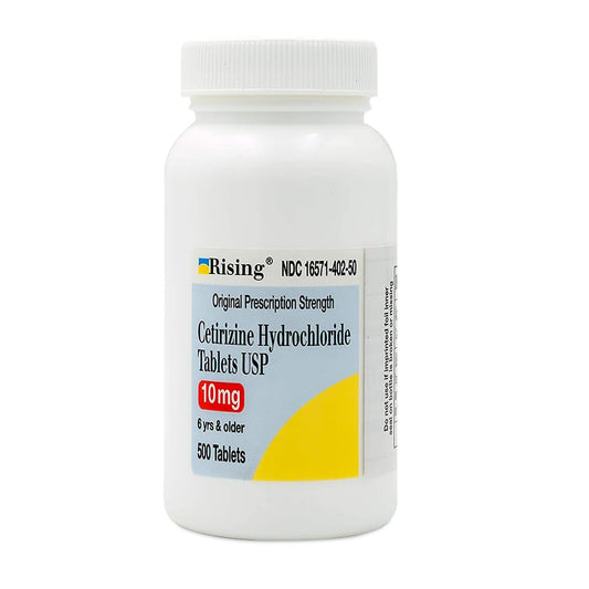 Rising Pharma Cetirizine HCL 10 mg tablets, front view, offering 24-hour allergy relief.