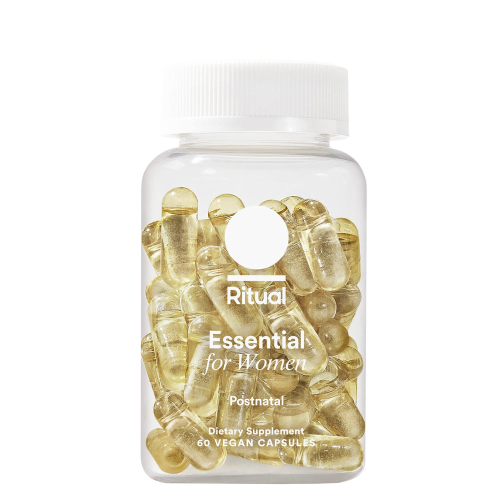 Ritual Essential Postnatal Multivitamin bottle on counter for new mom daily nourishment