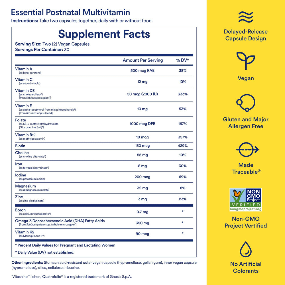 Ingredients panel showing omega-3 DHA and essential nutrients