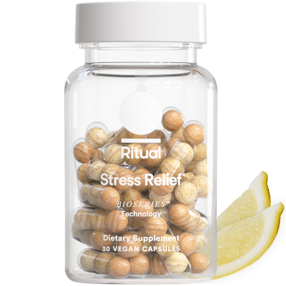 Ritual stress-relief supplement bottle for all-day calm support