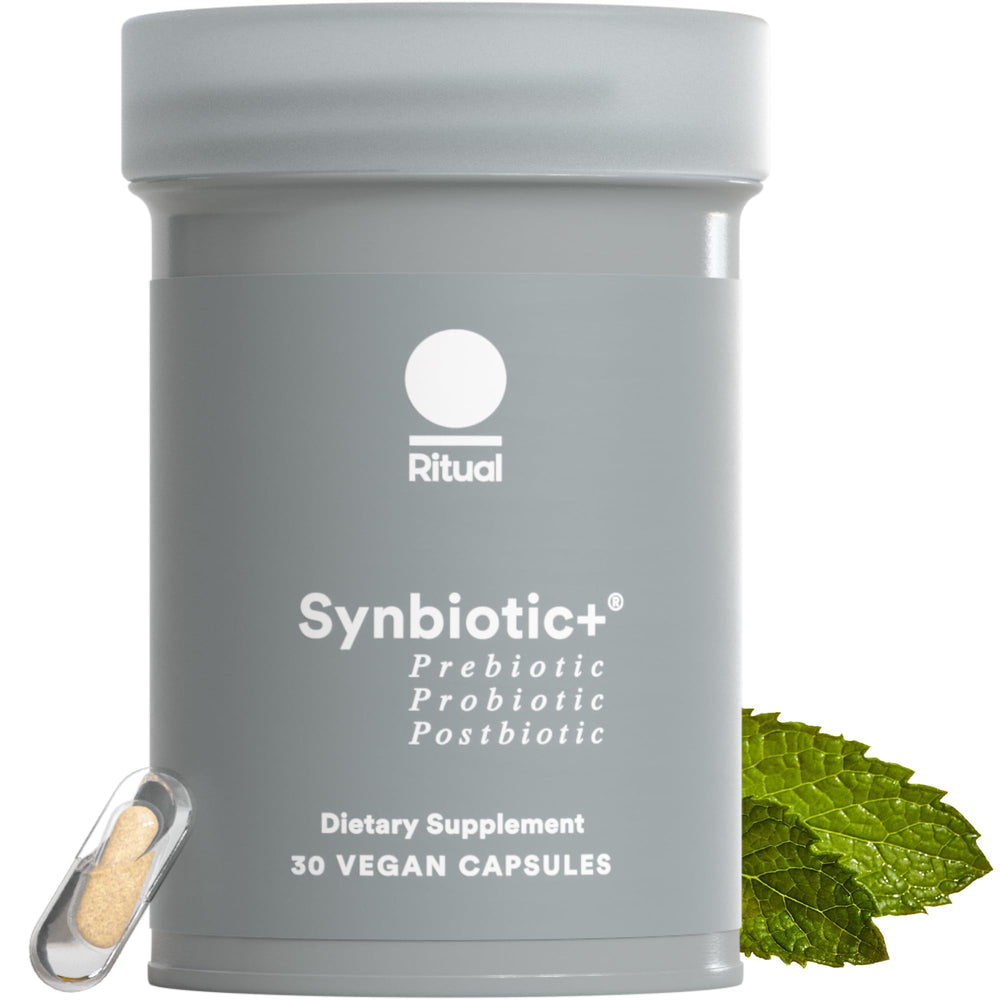 Ritual Synbiotic+ delayed-release bottle ready for daily gut support
