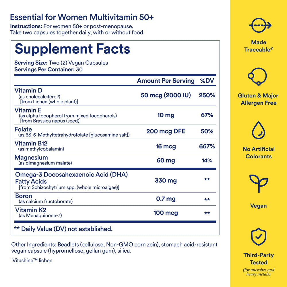 Ritual multivitamin Women 50+ capsules showcase omega-3 DHA benefits.