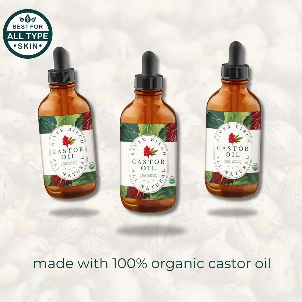 River Birch Castor Oil packaging display with hexane-free label.