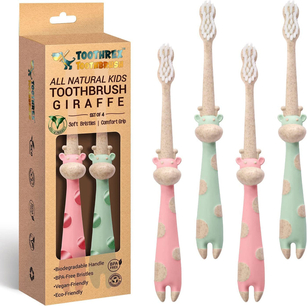 ROARex Giraffe design kids toothbrush mint and rose in 4-pack – front view