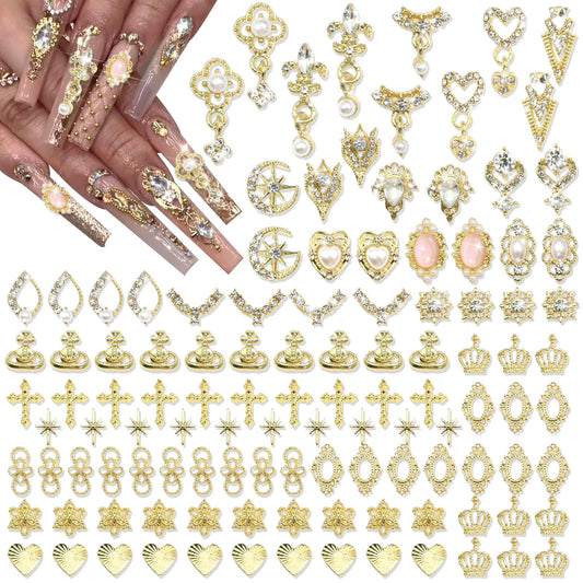 RODAKY 116Pcs gold nail charms variety pack for chic manicure embellishments.