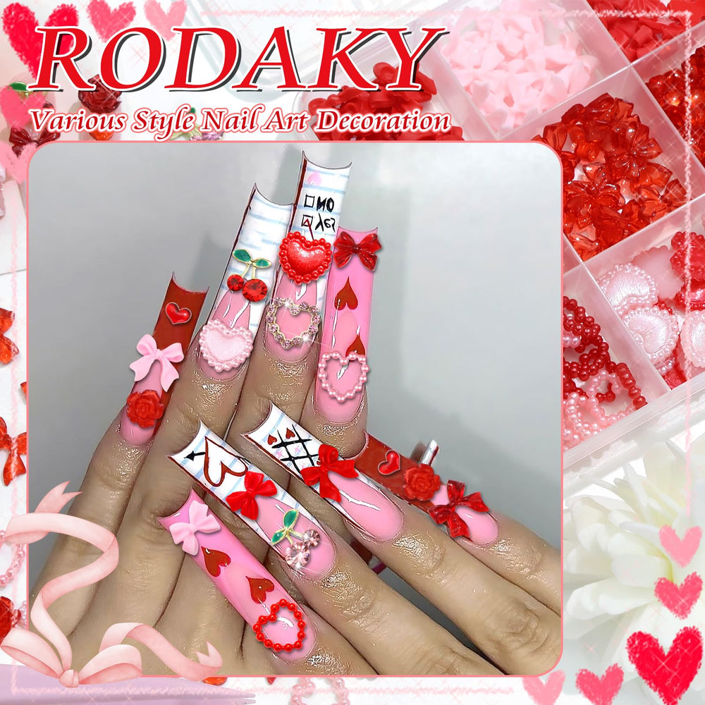 RODAKY 3D Nail Flower Charms and Heart Gems create valentines-inspired styles.