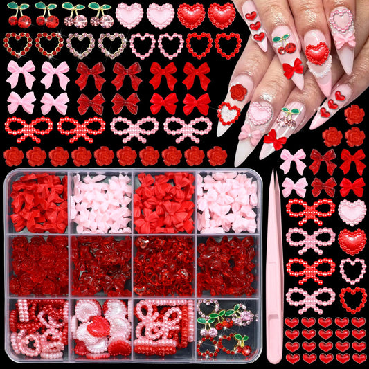 RODAKY Bow Nail Charms with pink hearts add sparkle to your manicure.