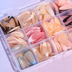 Rokhevn medium glossy skin-tone nails showing luxe shine.