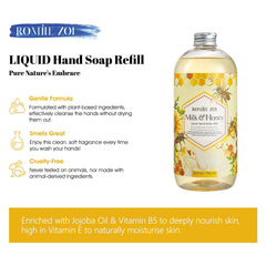 ROMIIE ZOI label closeup highlights honey-milk scent and natural ingredients.