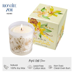 Close-up of ROMIIE ZOI Sweet Vanilla candle showing wax and wick