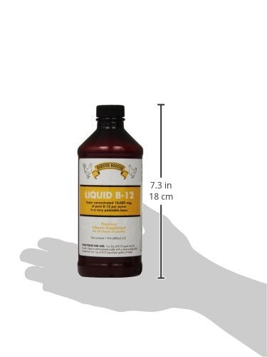 Close-up of Rooster Booster B-12 Liquid label showing 10,000 mcg per ounce