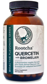 Rootcha Quercetin with Bromelain bottle and 120 capsules on white background