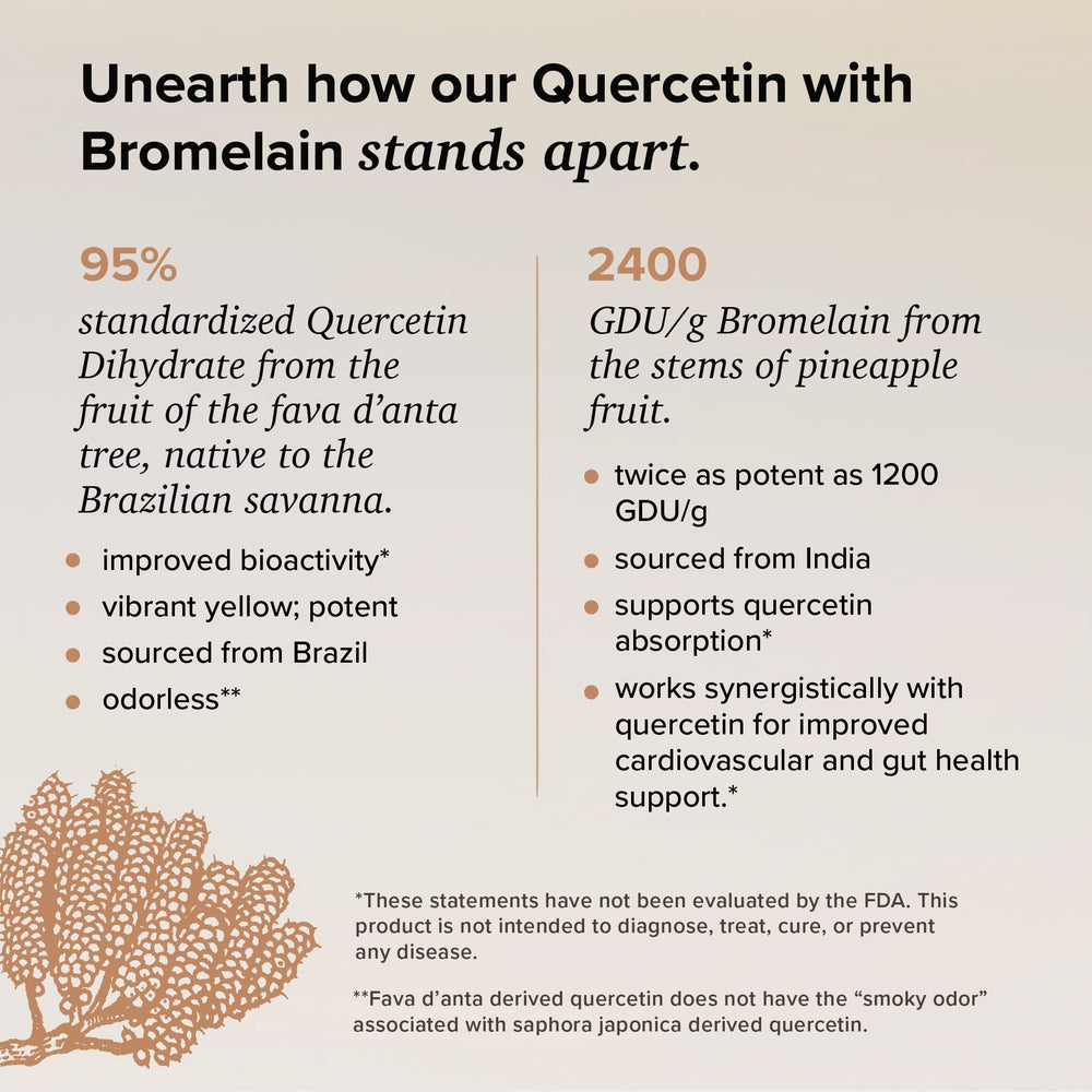 Close-up of quercetin dihydrate crystals and bromelain capsules