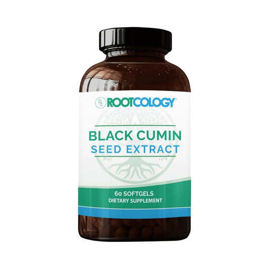 Rootcology Black Cumin Seed Extract bottle featuring 60 softgels