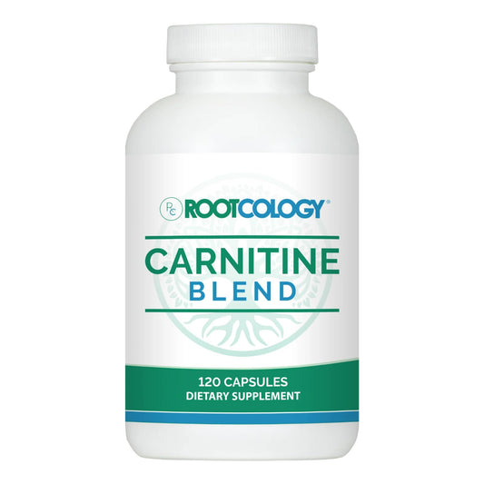 Rootcology Carnitine Blend bottle with 120 capsules on a white background