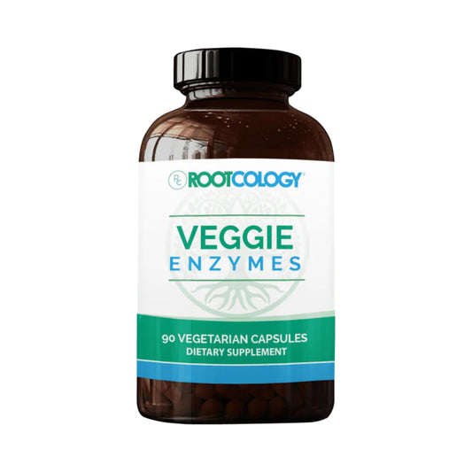 Rootcology Veggie Enzymes hero image featuring 90 vegetarian capsules bottle
