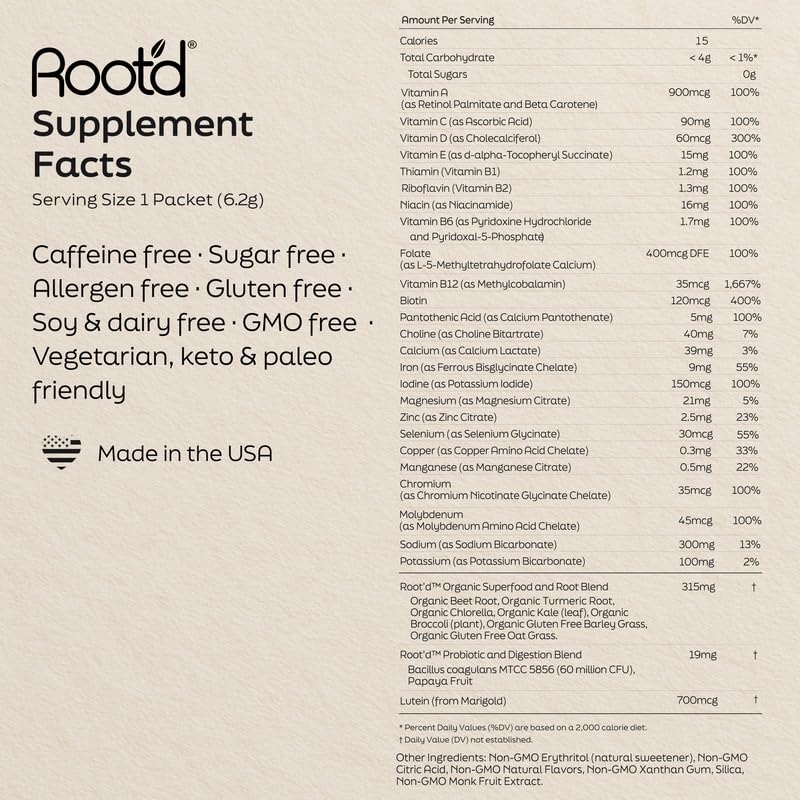 Packaging of Root'd multivitamin powder packets