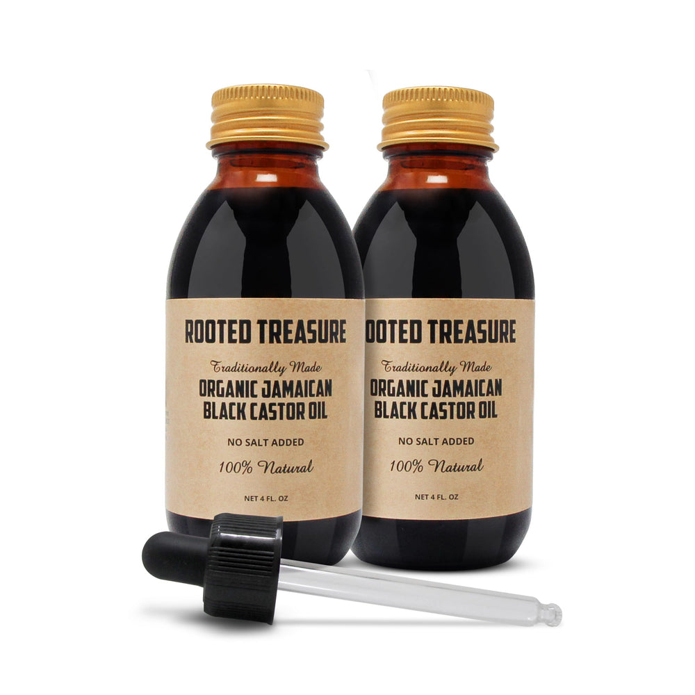 Two 4 oz bottles of Rooted Treasure Organic Jamaican Black Castor Oil