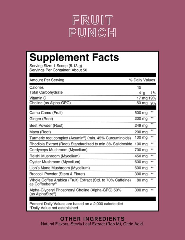 Back label with nutrition facts for Roots Focus Fruit Punch