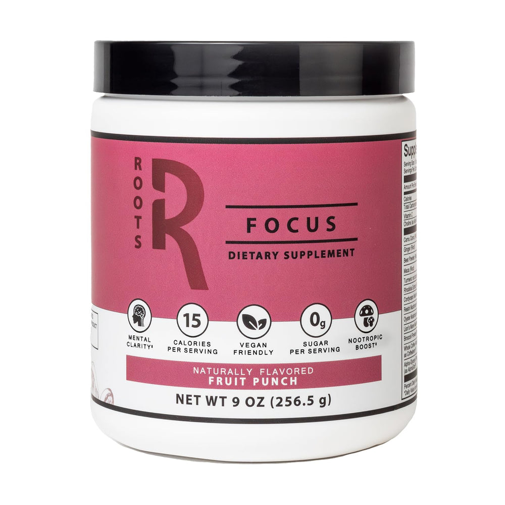 Roots Focus Fruit Punch front label on Silver Star Nutrition bottle