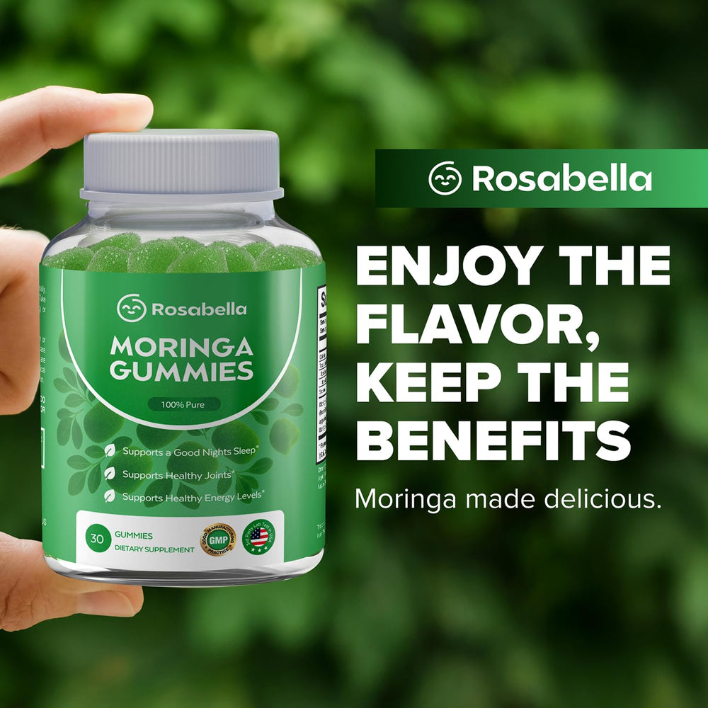 Lifestyle shot of a woman taking Rosabella Moringa Gummies