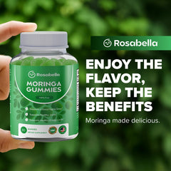 Lifestyle shot of a woman taking Rosabella Moringa Gummies