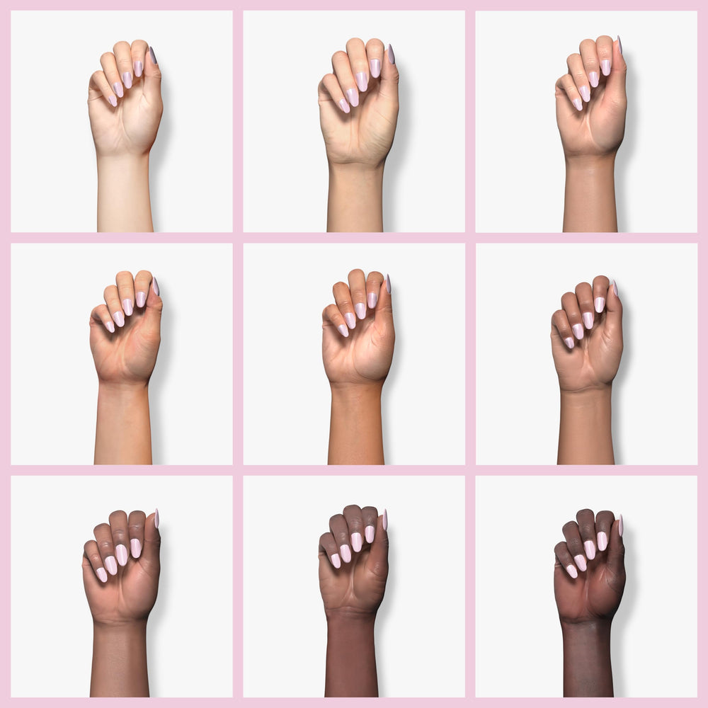 ROSALIND extended nail demonstration shows pink acrylic length and smooth finish