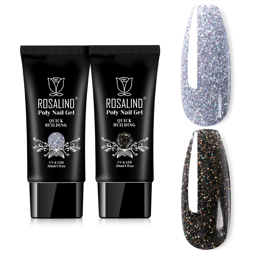 ROSALIND Glitter Black&Silver extension gel tube 1oz showing festive sparkle