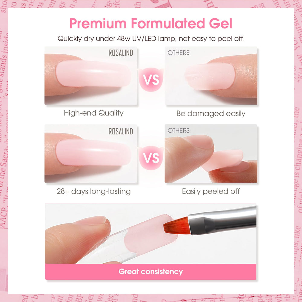 Rosalind long-lasting gel in pink and clear colors for month-long wear