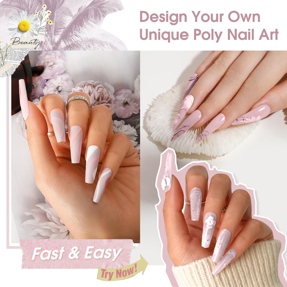 Nail swatches in square and coffin shapes enhanced by ROSALIND gel.