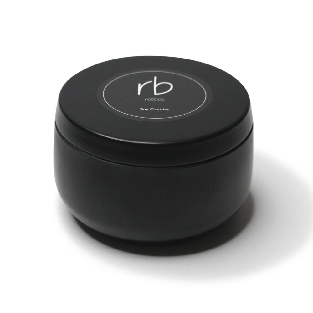 Rosbas Palo Santo candle in black tin closeup for ambient relaxation and clean burn.