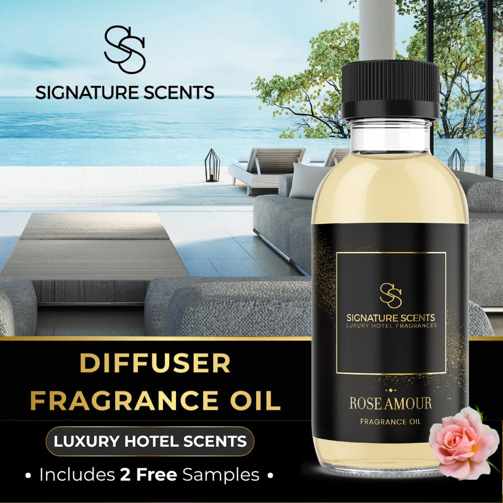 Close-up of Rose Amour diffuser oil 120ml bottle