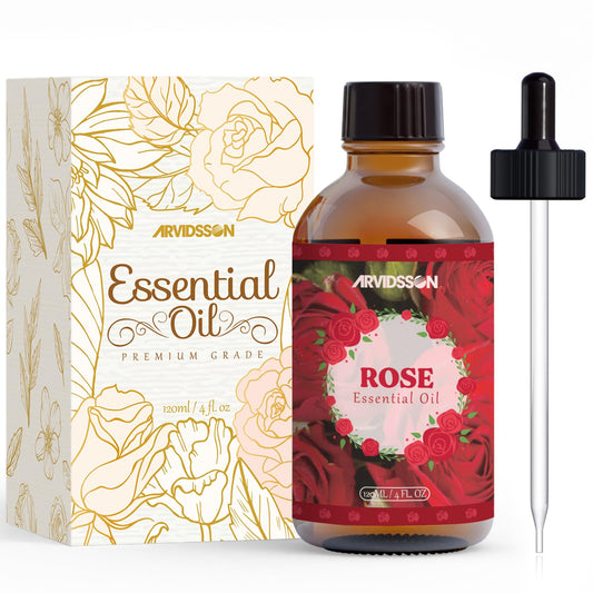 Rose essential oil bottle 4 oz (120 ml) on white background