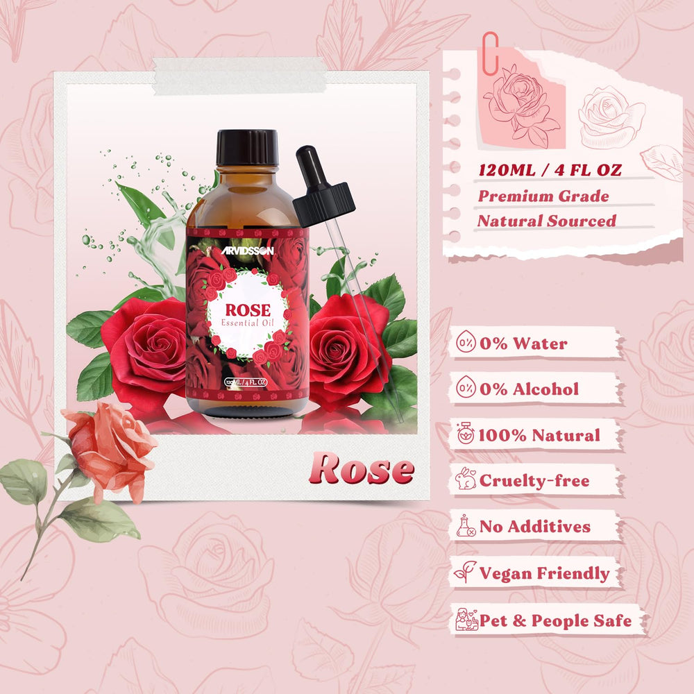 Dropper releasing rose essential oil droplets