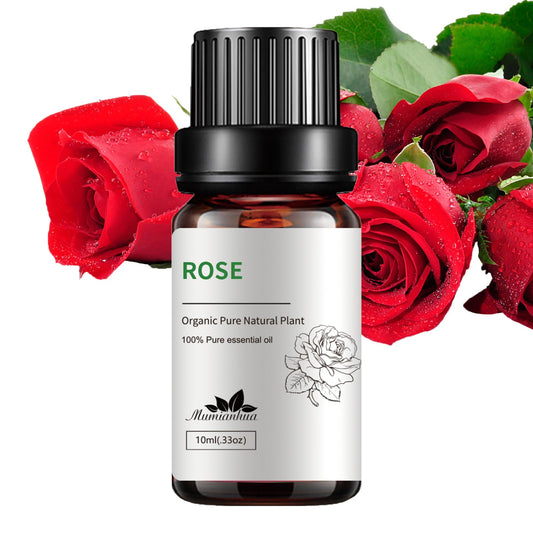 Rose essential oil bottle with fresh rose petals, 10ml
