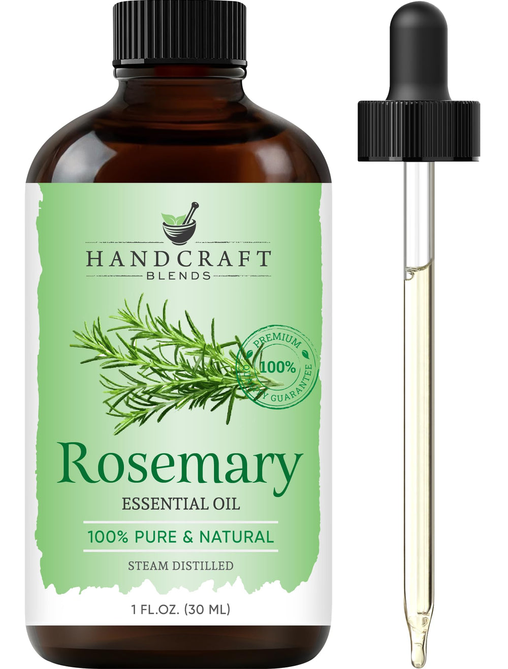 1 oz rosemary essential oil in an amber glass bottle