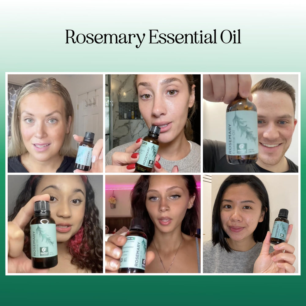 Rosemary essential oil bottle close-up with label