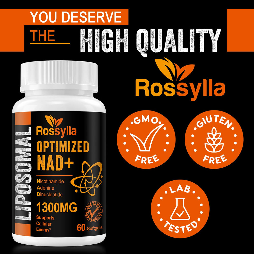 Label on Rossylla Liposomal NAD+ 1300mg bottle showing 1300mg per serving