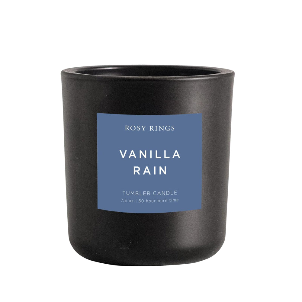 Rosy Rings Vanilla Rain matte black vessel provides a chic centerpiece with cozy ambiance.