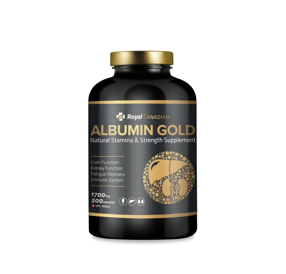 Bottle of Royal Canadian Albumin Gold 1700mg capsules