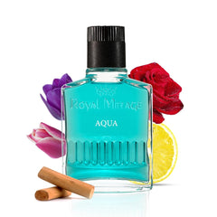 Royal Mirage Aqua aftershave bottle close-up for a refreshing post-shave sensation.