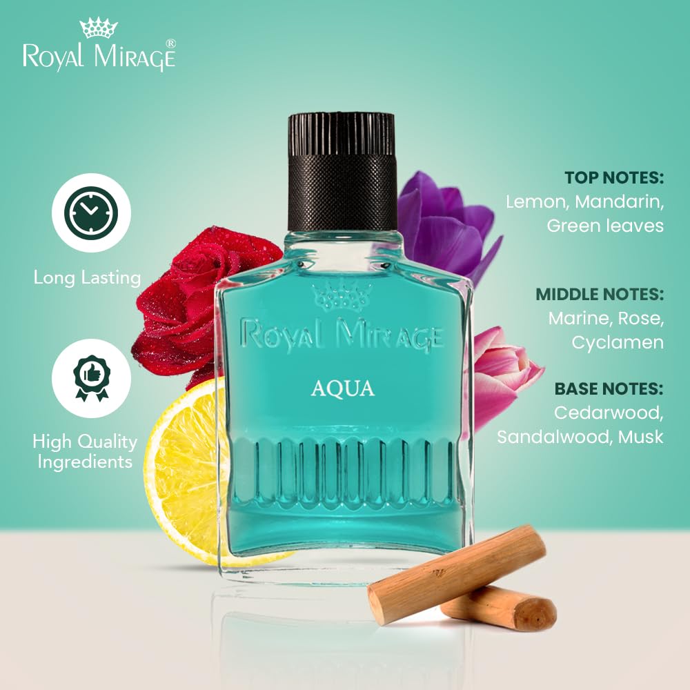 Royal Mirage Aqua bottle highlights Italian Lemon note for bright fragrance.