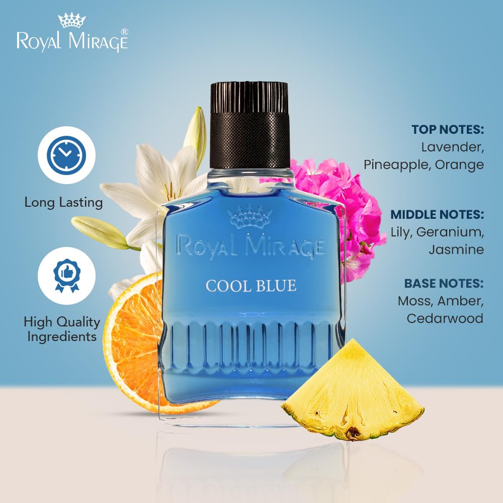 Royal Mirage Cool Blue aftershave packaging box shows size and branding for shopping.