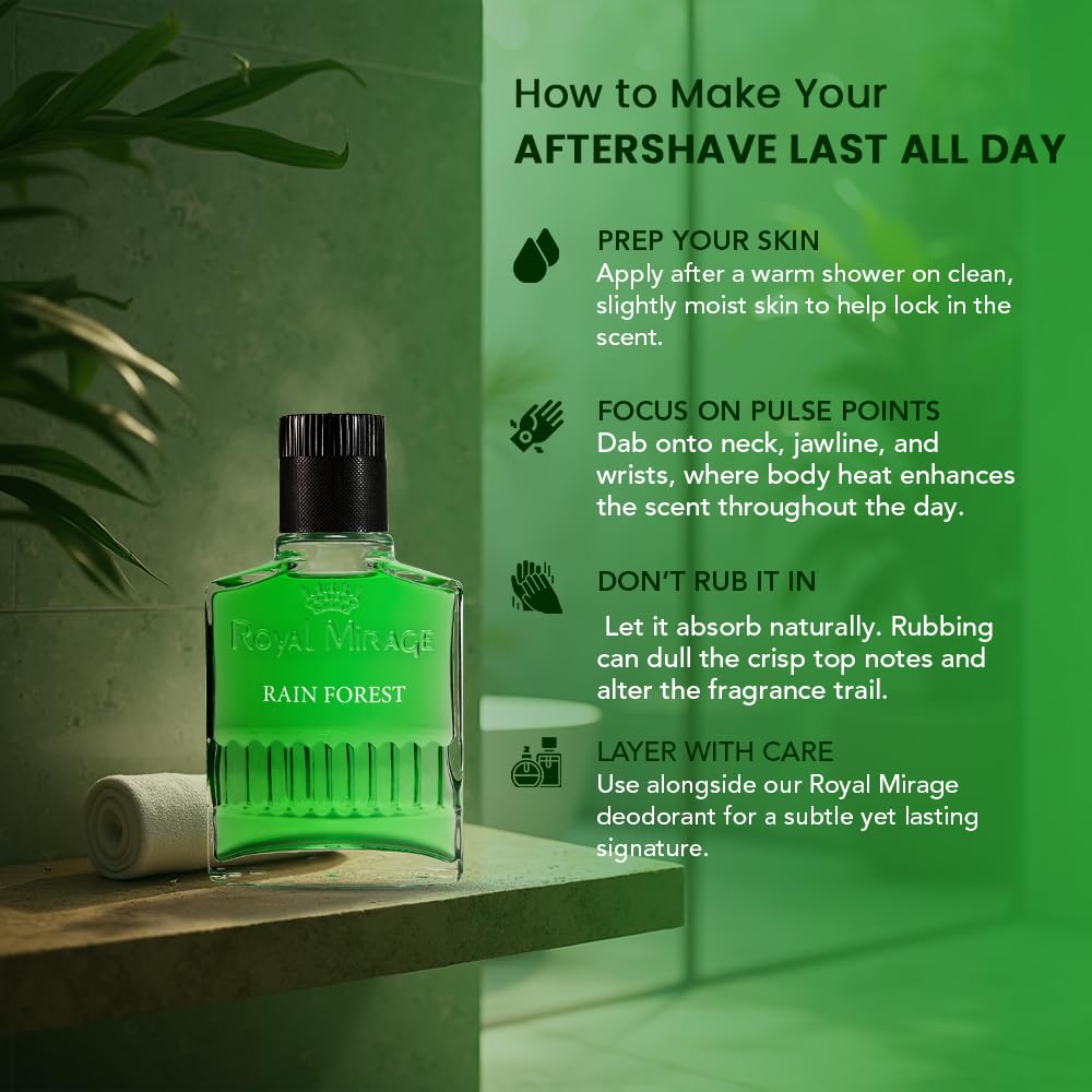 Royal Mirage Rainforest aftershave on forest backdrop evokes natural luxury.