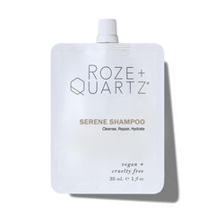 Roze + Quartz Serene Shampoo bottle, sulfate-free formula for gentle cleansing.