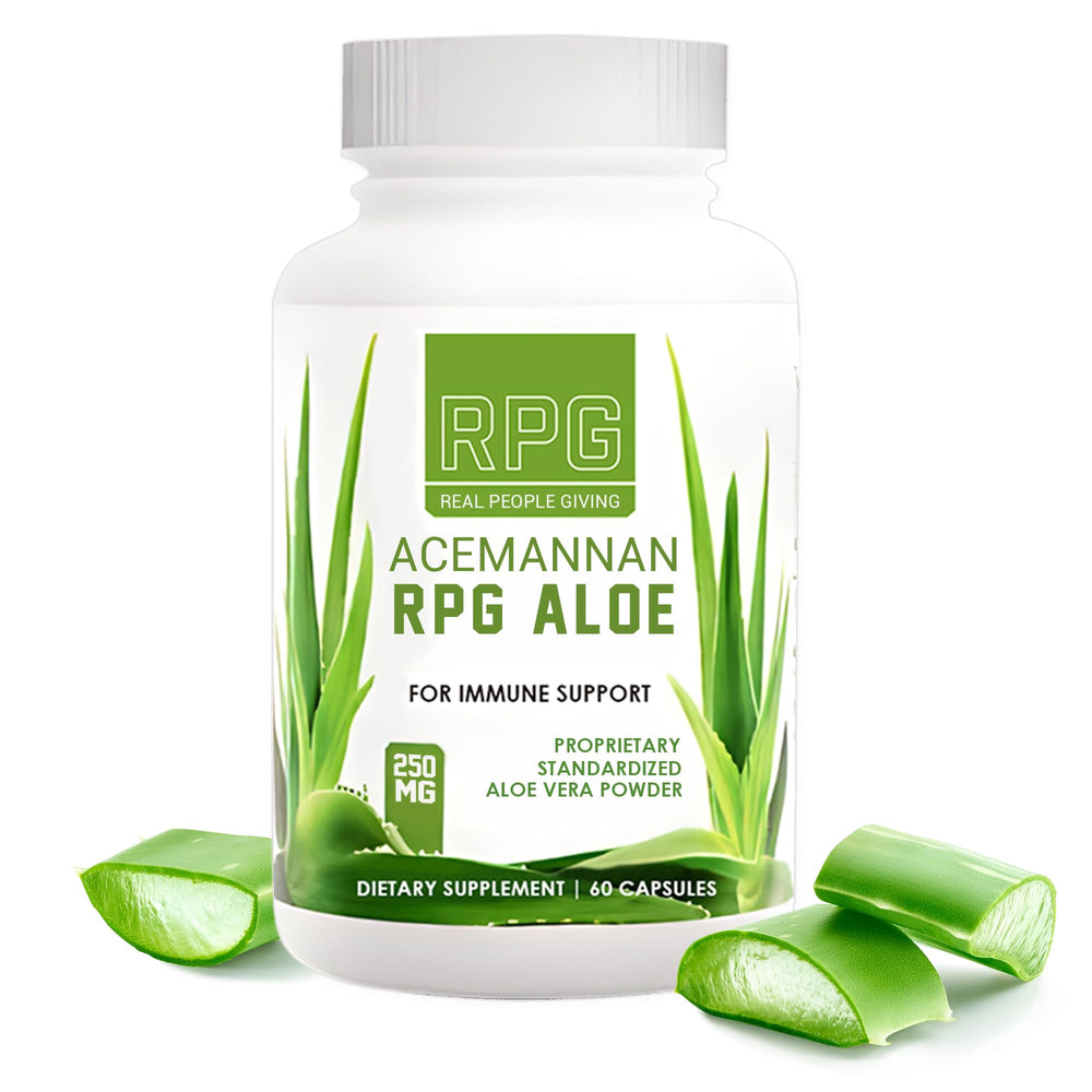 Front view of RPG Acemannan Aloe Vera Capsules bottle